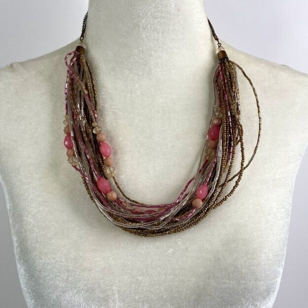 Beaded Necklace Multi Strand‎ Twisted Seed Bead Pink Clear Gold Tone Statement